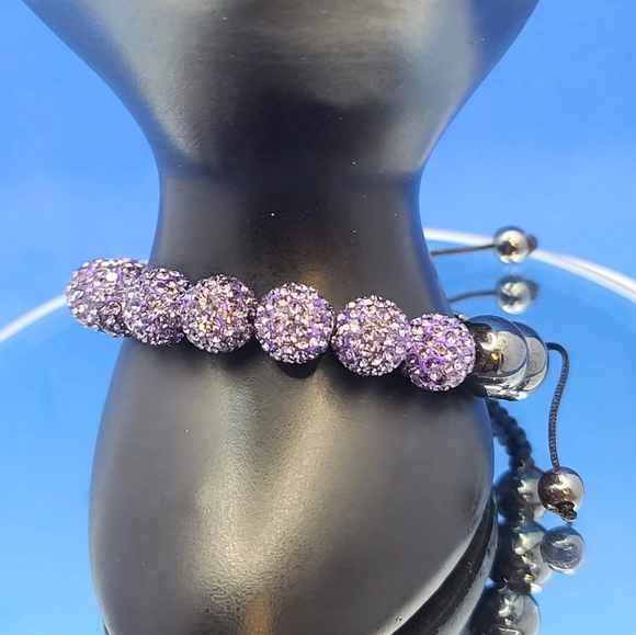 NEW Hematite & Amethyst Australian Crystal Shamballa Adjustable Beaded Bracelet - Picture 4 of 12
